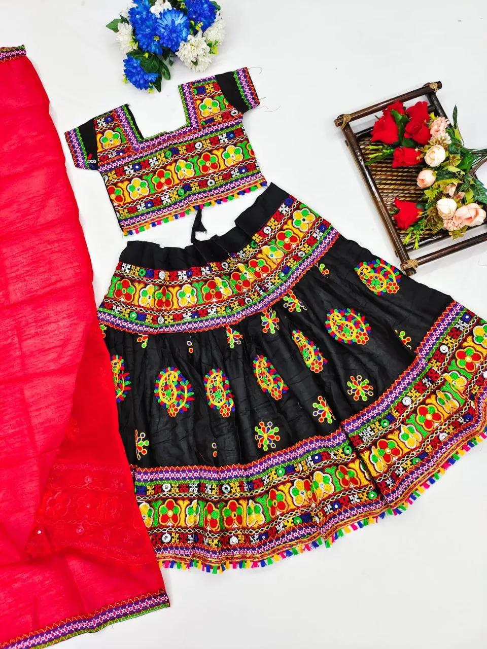 Traditional Wear Black Mirror Work Kids Lehenga Choli