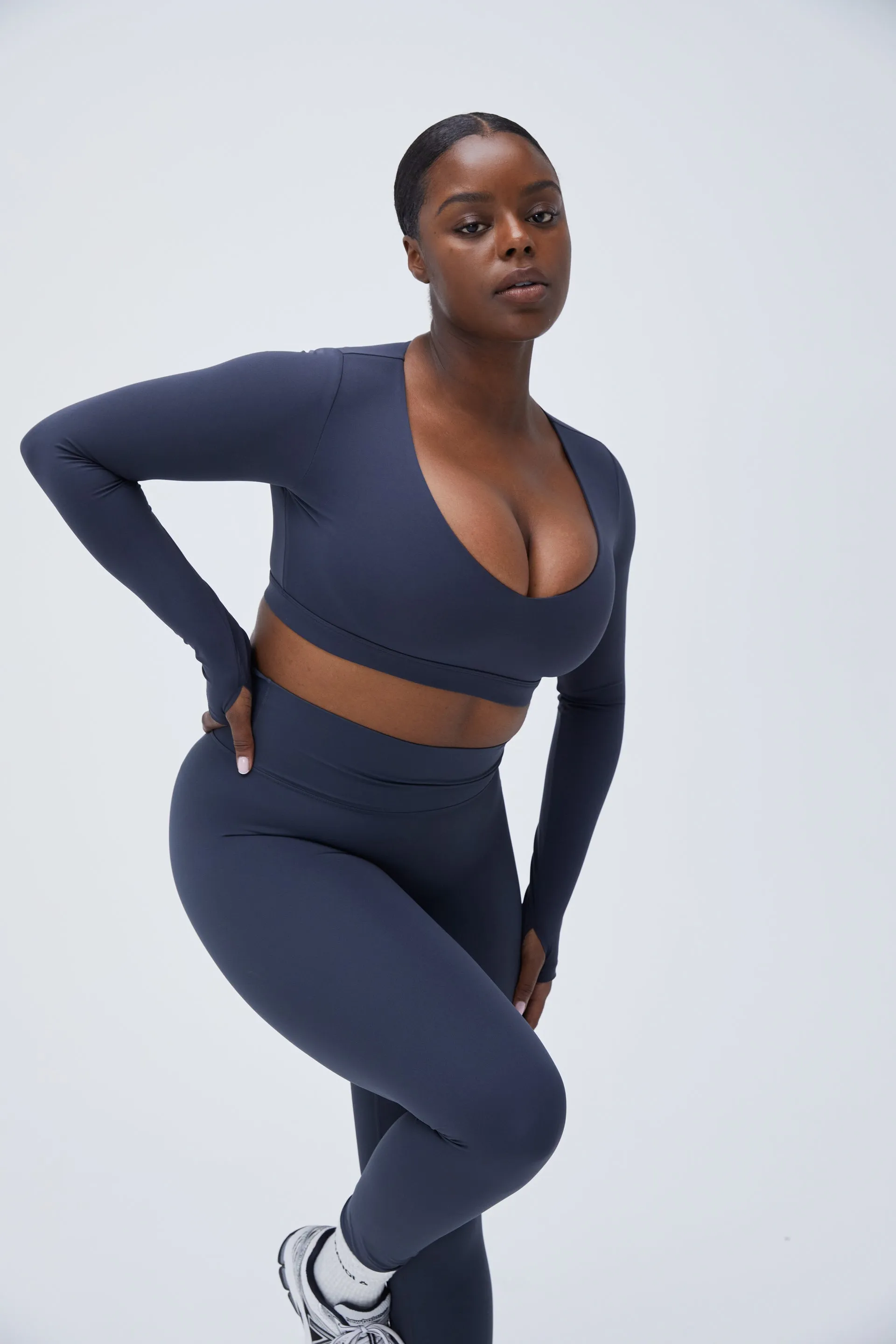 Ultimate Long Sleeve Low V Crop Top - Midnight Blue