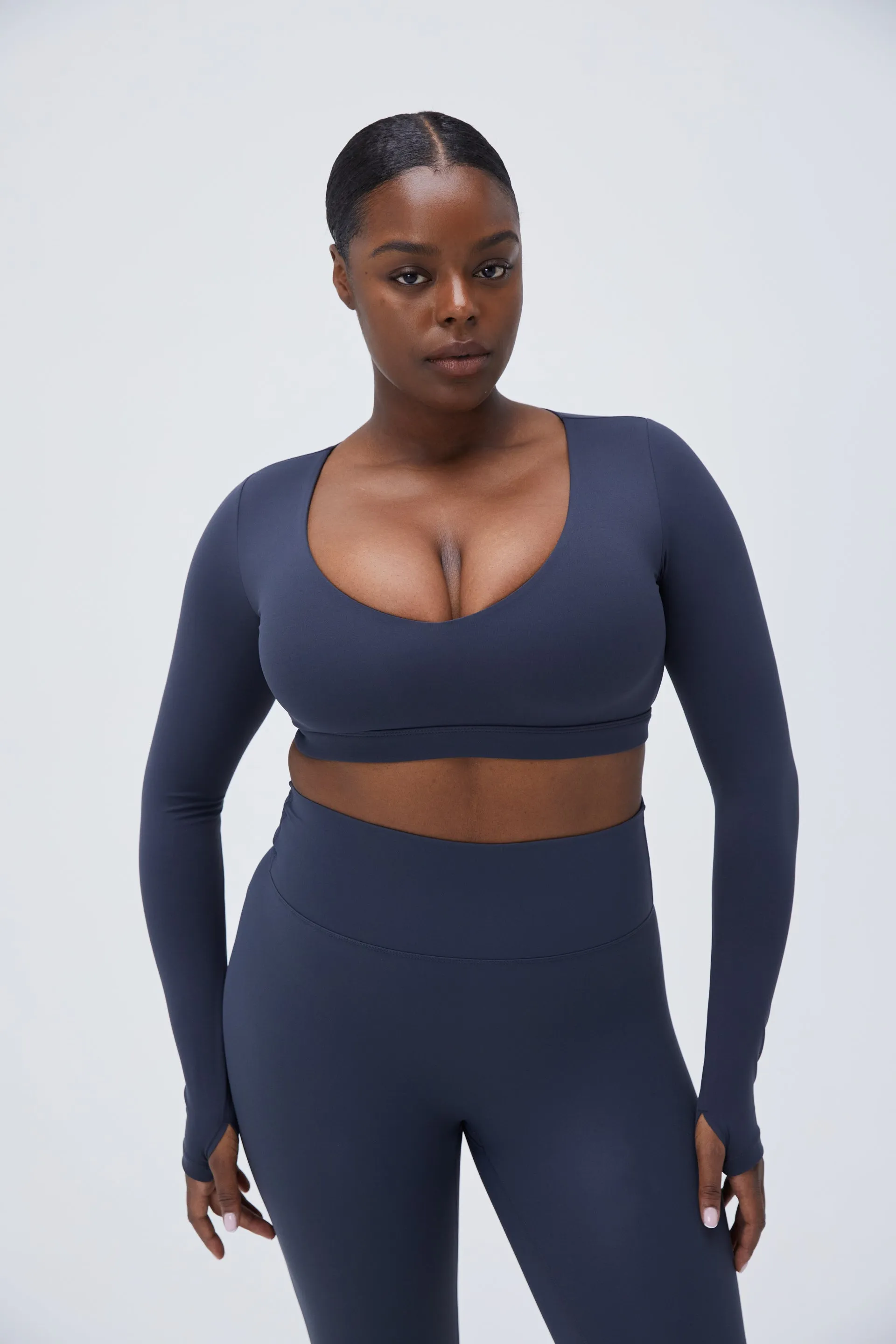 Ultimate Long Sleeve Low V Crop Top - Midnight Blue